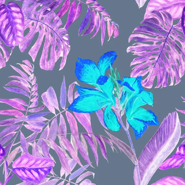 Гавайський Квітковий Візерунок Акварельними Тропічними Ілюстраціями Екзотичні Квіти Канни Листя — стокове фото