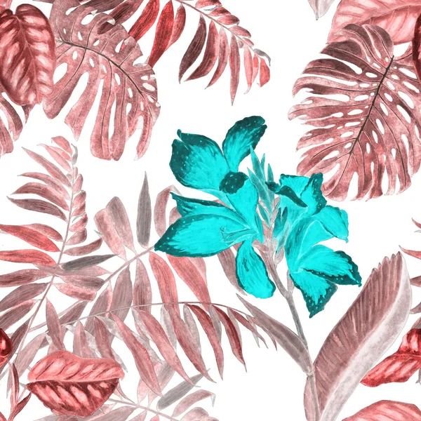 Padrão Sem Costura Floral Havaiano Com Ilustração Tropical Aquarela Flores — Fotografia de Stock