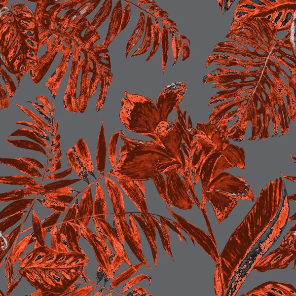 하와이 꽃무늬와 열대성 이국적 나뭇잎 우표를 손으로 — 스톡 사진