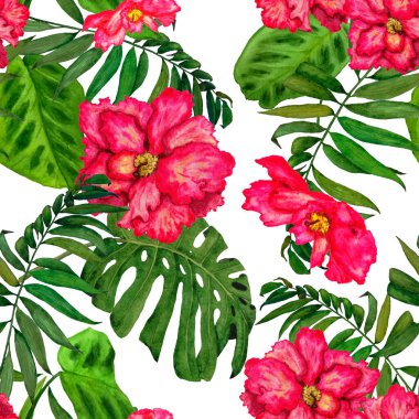 Hawaii çiçeksiz desenli suluboya tropikal yapraklar ve çiçekler. Egzotik Hibiscus. Renkli el çizimi çizimi. Tropik yaz baskısı.