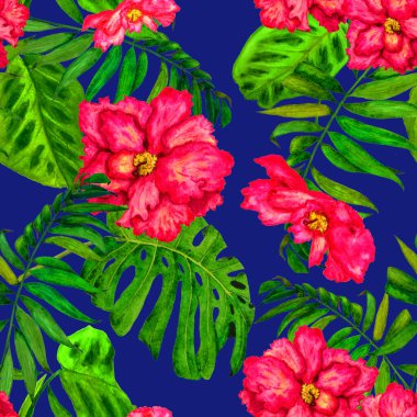 Hawaii çiçeksiz desenli suluboya tropikal yapraklar ve çiçekler. Egzotik Hibiscus. Renkli el çizimi çizimi. Tropik yaz baskısı.