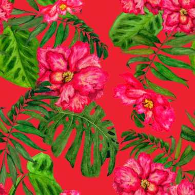 Hawaii çiçeksiz desenli suluboya tropikal yapraklar ve çiçekler. Egzotik Hibiscus. Renkli el çizimi çizimi. Tropik yaz baskısı.