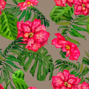 Hawaii çiçeksiz desenli suluboya tropikal yapraklar ve çiçekler. Egzotik Hibiscus. Renkli el çizimi çizimi. Tropik yaz baskısı.