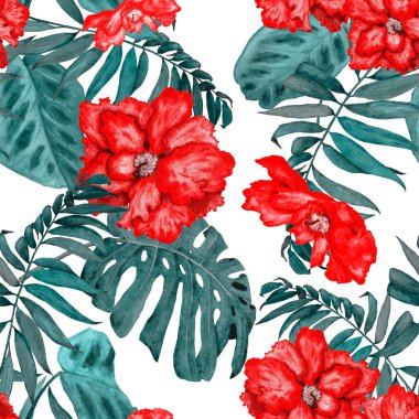 Hawaii çiçeksiz desenli suluboya tropikal yapraklar ve çiçekler. Egzotik Hibiscus. Renkli el çizimi çizimi. Tropik yaz baskısı.