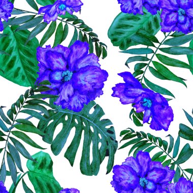 Hawaii çiçeksiz desenli suluboya tropikal yapraklar ve çiçekler. Egzotik Hibiscus. Renkli el çizimi çizimi. Tropik yaz baskısı.