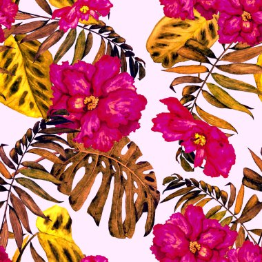 Hawaii çiçeksiz desenli suluboya tropikal yapraklar ve çiçekler. Egzotik Hibiscus. Renkli el çizimi çizimi. Tropik yaz baskısı.