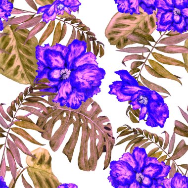 Hawaii çiçeksiz desenli suluboya tropikal yapraklar ve çiçekler. Egzotik Hibiscus. Renkli el çizimi çizimi. Tropik yaz baskısı.