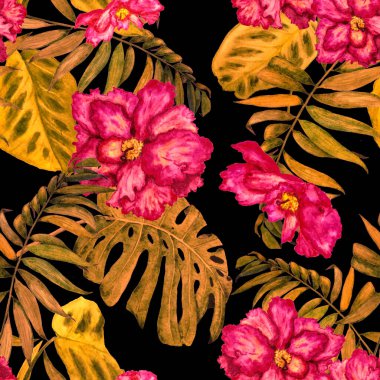Hawaii çiçeksiz desenli suluboya tropikal yapraklar ve çiçekler. Egzotik Hibiscus. Renkli el çizimi çizimi. Tropik yaz baskısı.