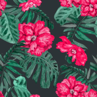 Hawaii çiçeksiz desenli suluboya tropikal yapraklar ve çiçekler. Egzotik Hibiscus. Renkli el çizimi çizimi. Tropik yaz baskısı.