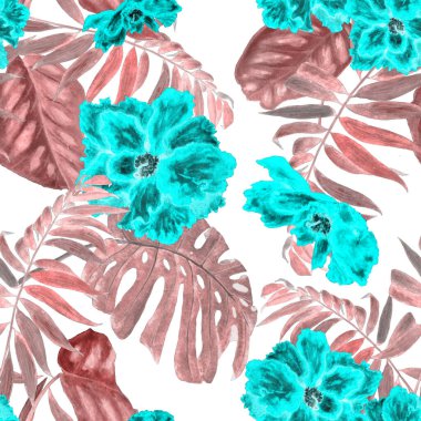 Hawaii çiçeksiz desenli suluboya tropikal yapraklar ve çiçekler. Egzotik Hibiscus. Renkli el çizimi çizimi. Tropik yaz baskısı.