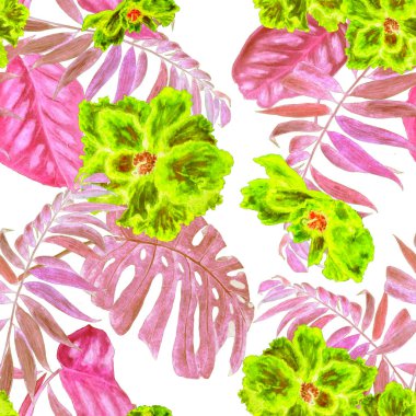 Hawaii çiçeksiz desenli suluboya tropikal yapraklar ve çiçekler. Egzotik Hibiscus. Renkli el çizimi çizimi. Tropik yaz baskısı.
