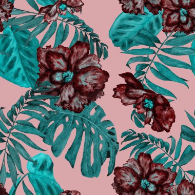 Hawaii çiçeksiz desenli suluboya tropikal yapraklar ve çiçekler. Egzotik Hibiscus. Renkli el çizimi çizimi. Tropik yaz baskısı.