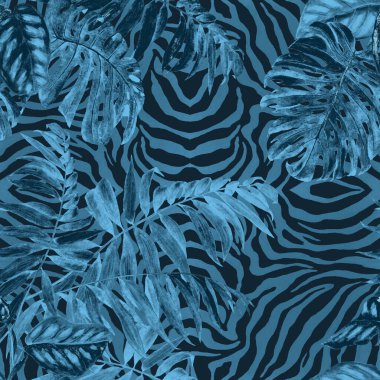 Hawaii çiçeksiz desenli suluboya tropikal yapraklı hayvani arka plan. Tropik yaz baskısı. Renkli el çizimi illüstrasyon. 