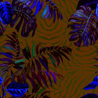 Hawaii çiçeksiz desenli suluboya tropikal yapraklı hayvani arka plan. Tropik yaz baskısı. Renkli el çizimi illüstrasyon. 