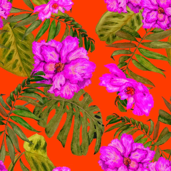 水彩熱帯の葉や花とハワイの花のシームレスなパターン エキゾチックなハイビスカス カラフルな手描きイラスト 熱帯夏 Print — ストック写真