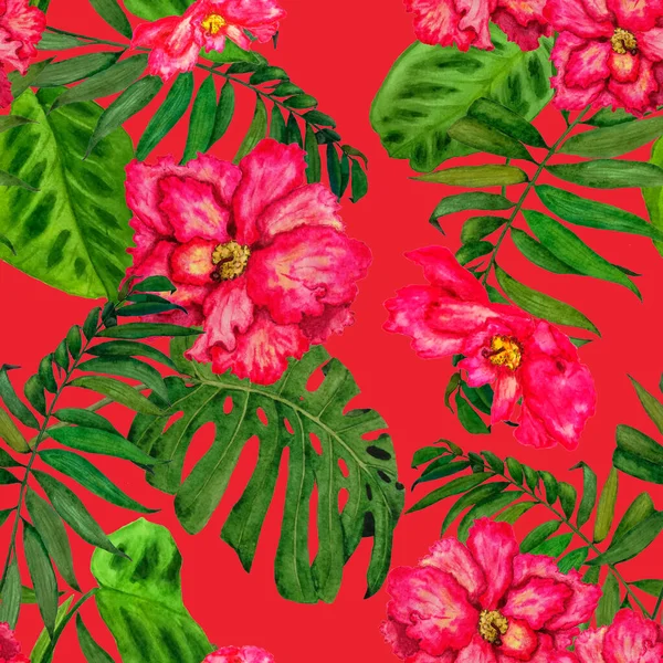 Hawaii çiçeksiz desenli suluboya tropikal yapraklar ve çiçekler. Egzotik Hibiscus. Renkli el çizimi çizimi. Tropik yaz baskısı.