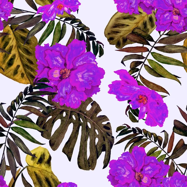 Hawaii çiçeksiz desenli suluboya tropikal yapraklar ve çiçekler. Egzotik Hibiscus. Renkli el çizimi çizimi. Tropik yaz baskısı.