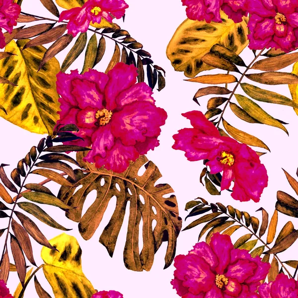 Hawaii çiçeksiz desenli suluboya tropikal yapraklar ve çiçekler. Egzotik Hibiscus. Renkli el çizimi çizimi. Tropik yaz baskısı.