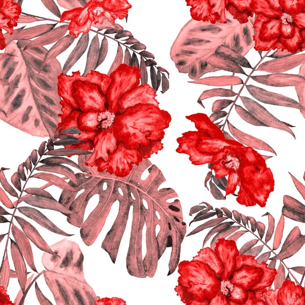 Hawaii çiçeksiz desenli suluboya tropikal yapraklar ve çiçekler. Egzotik Hibiscus. Renkli el çizimi çizimi. Tropik yaz baskısı.