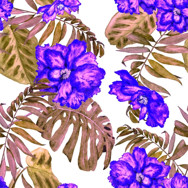 Hawaii çiçeksiz desenli suluboya tropikal yapraklar ve çiçekler. Egzotik Hibiscus. Renkli el çizimi çizimi. Tropik yaz baskısı.