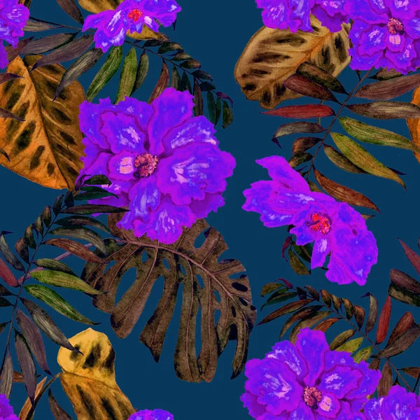 Hawaii Virág Zökkenőmentes Minta Akvarell Trópusi Levelek Virágok Egzotikus Hibiszkusz — Stock Fotó
