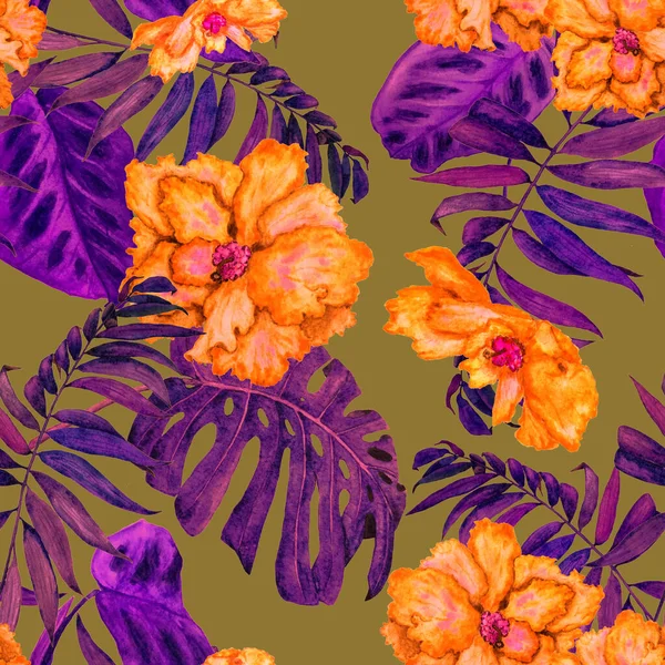 水彩熱帯の葉や花とハワイの花のシームレスなパターン エキゾチックなハイビスカス カラフルな手描きイラスト 熱帯夏 Print — ストック写真