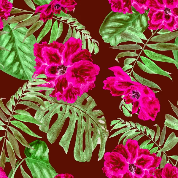 夏威夷植物无缝图案 水彩斑斓的热带叶和花 异型芙蓉 色彩艳丽的手绘插图 热带夏季印刷品 — 图库照片