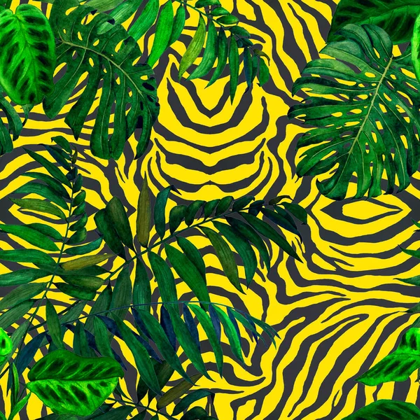 Hawaiianische Florale Nahtlose Muster Mit Tropischen Blättern Aquarell Auf Animalischem — Stockfoto
