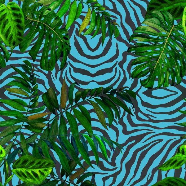 Гавайский Бесшовный Цветочный Узор Акварельными Тропическими Листьями Животном Фоне Тропический — стоковое фото