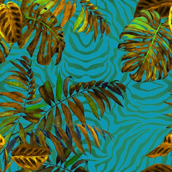 Hawaiiaanse Bloemen Naadloos Patroon Met Aquarel Tropische Bladeren Dierlijke Achtergrond — Stockfoto