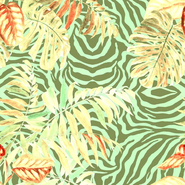 Hawaiian floral seamless pattern with watercolor tropical leaves on animalistic background. Tropical summer print. Colorful hand drawn illustration. 