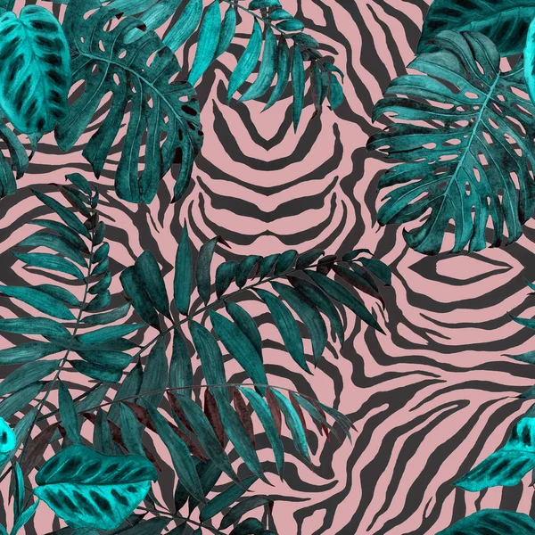 Гавайский Бесшовный Цветочный Узор Акварельными Тропическими Листьями Животном Фоне Тропический — стоковое фото