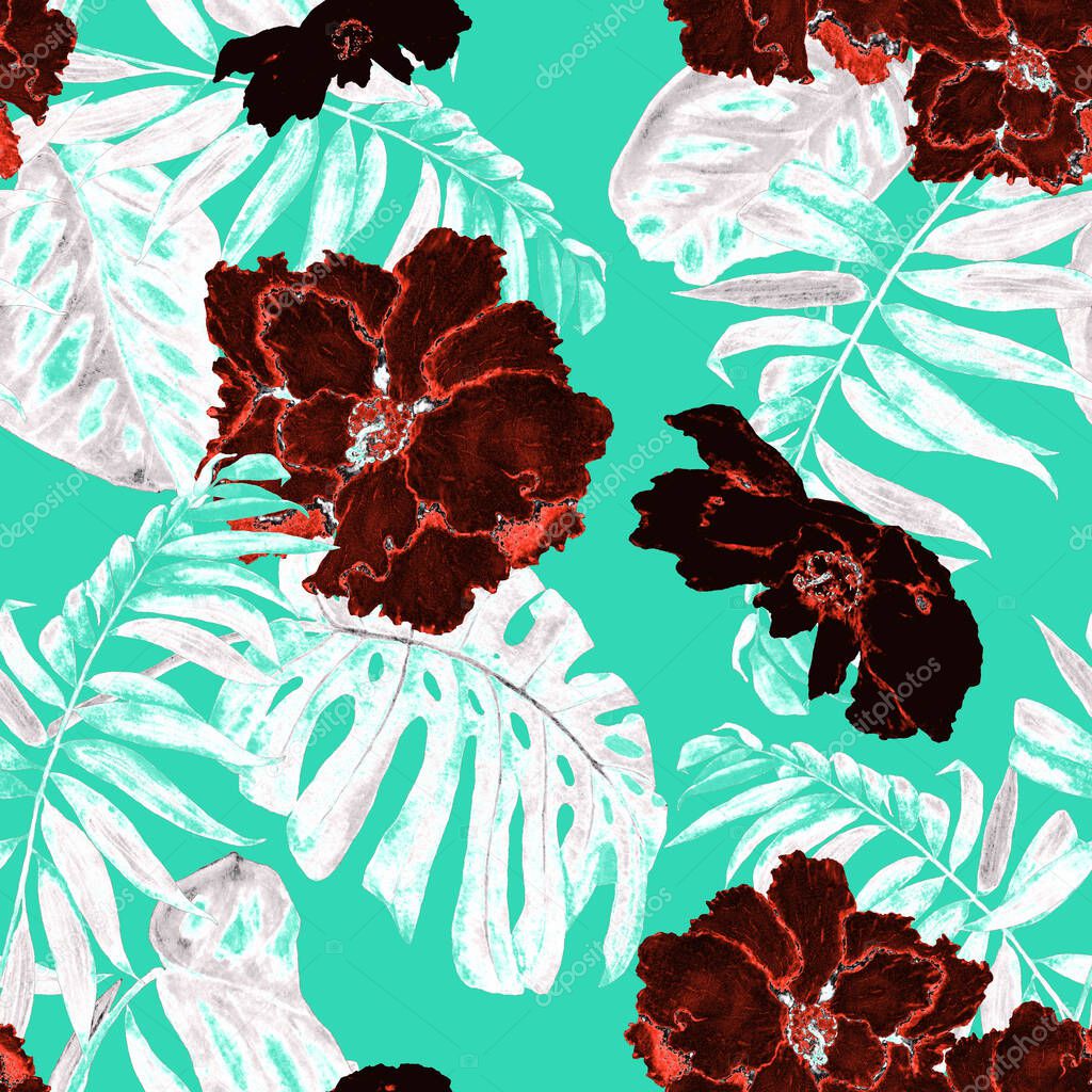 Hawaiian floral seamless pattern with watercolor tropical leaves and flowers. Exotic Hibiscus. Colorful hand drawn illustration. Tropical summer print.