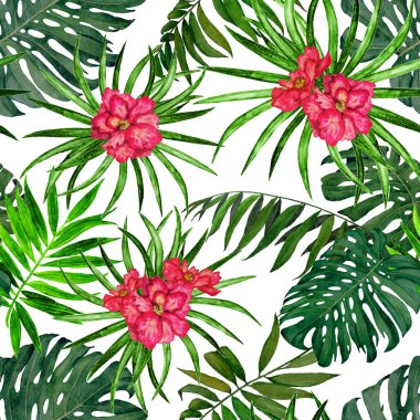 Hawaii çiçeksiz desenli suluboya tropikal yapraklar ve çiçekler. Egzotik amber çiçeği. Tropik yaz baskısı.