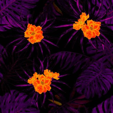 Hawaii çiçeksiz desenli suluboya tropikal yapraklar ve çiçekler. Egzotik amber çiçeği. Tropik yaz baskısı.