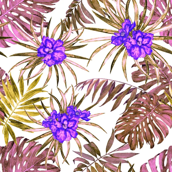 夏威夷植物无缝图案 水彩斑斓的热带叶和花 异型芙蓉 热带夏季印刷品 — 图库照片