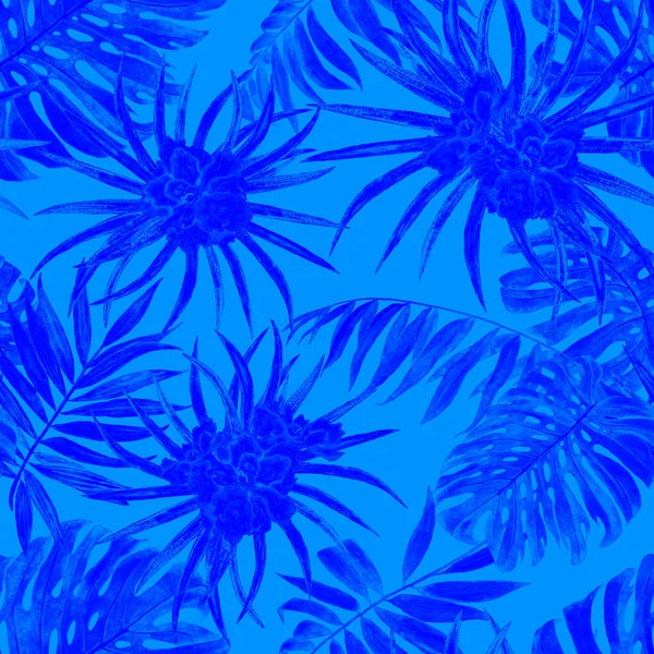 Гавайський Квітковий Візерунок Акварельними Тропічними Листками Квітами Екзотичний Гібіскус Monochrome — стокове фото