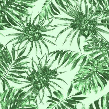 Hawaii çiçeksiz desenli suluboya tropikal yapraklar ve çiçekler. Egzotik amber çiçeği. Tek renkli tropik yaz baskısı.