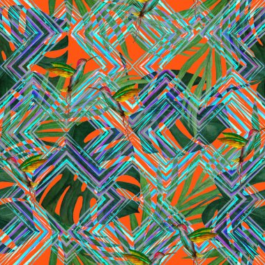 Tropikal yapraklı suluboya desenli ve zigzag zeminli kuşlar. Avuç içi. Canavar mı? Sinekkuşları. Yaz egzotik baskısı. El çizimi. Yüzey tasarımı.