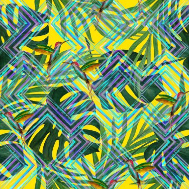 Tropikal yapraklı suluboya desenli ve zigzag zeminli kuşlar. Avuç içi. Canavar mı? Sinekkuşları. Yaz egzotik baskısı. El çizimi. Yüzey tasarımı.