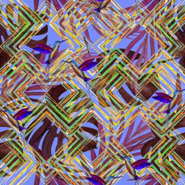 Tropikal yapraklı suluboya desenli ve zigzag zeminli kuşlar. Avuç içi. Canavar mı? Sinekkuşları. Yaz egzotik baskısı. El çizimi. Yüzey tasarımı.