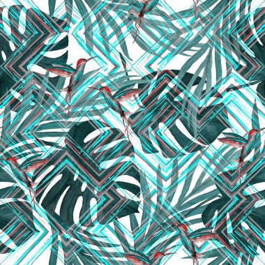 Tropikal yapraklı suluboya desenli ve zigzag zeminli kuşlar. Avuç içi. Canavar mı? Sinekkuşları. Yaz egzotik baskısı. El çizimi. Yüzey tasarımı.