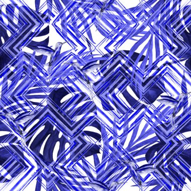 Tropikal yapraklı suluboya desenli ve zigzag zeminli kuşlar. Avuç içi. Canavar mı? Sinekkuşları. Yaz egzotik baskısı. El çizimi. Yüzey tasarımı.