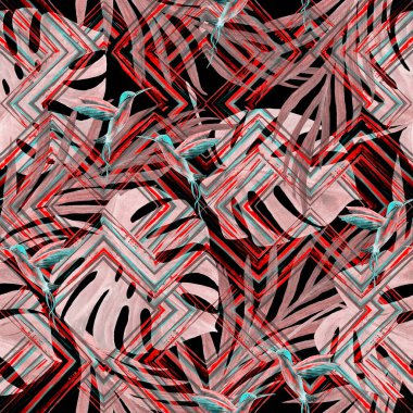 Tropikal yapraklı suluboya desenli ve zigzag zeminli kuşlar. Avuç içi. Canavar mı? Sinekkuşları. Yaz egzotik baskısı. El çizimi. Yüzey tasarımı.