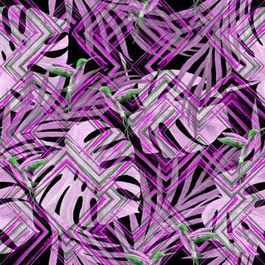 Tropikal yapraklı suluboya desenli ve zigzag zeminli kuşlar. Avuç içi. Canavar mı? Sinekkuşları. Yaz egzotik baskısı. El çizimi. Yüzey tasarımı.