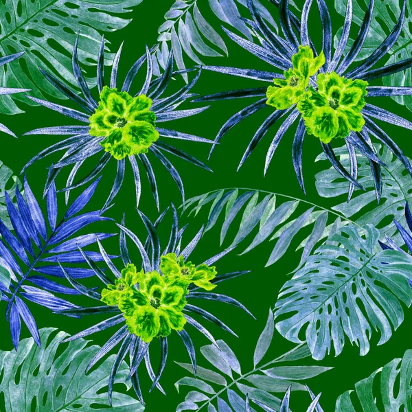 Hawaiian floral seamless pattern with watercolor tropical leaves and flowers. Exotic Hibiscus. Tropical summer print.
