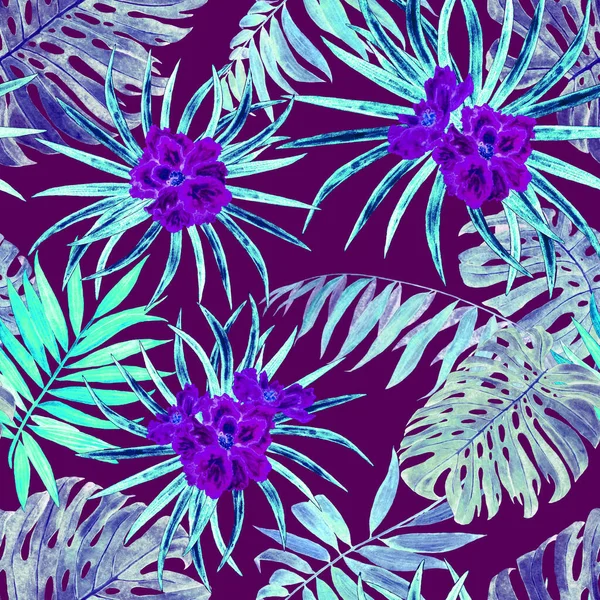 Havajské Květinové Bezešvé Vzor Akvarelem Tropických Listů Květin Exotický Ibišek — Stock fotografie