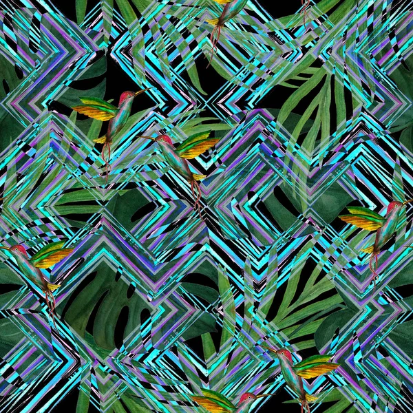 Akvarel Bezešvný Vzor Tropickými Listy Ptáky Klikatém Pozadí Dlaně Monstera — Stock fotografie