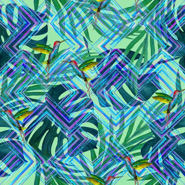 Акварельний Безшовний Візерунок Тропічним Листям Птахами Зигзагоподібному Фоні Пальма Монстера — стокове фото