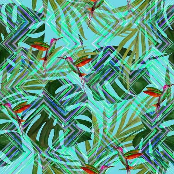Tropikal Yapraklı Suluboya Desenli Zigzag Zeminli Kuşlar Avuç Içi Canavar — Stok fotoğraf